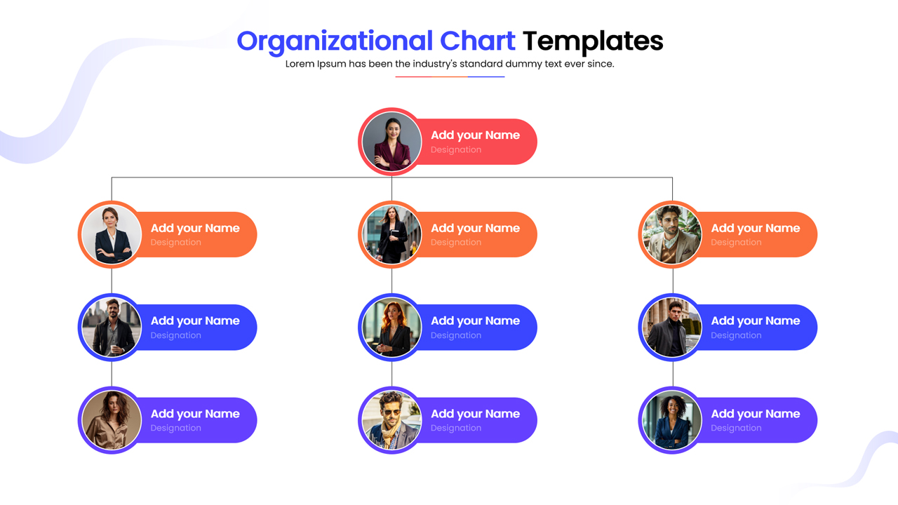 Professional organizational structure graphic with circular and hexagonal image frames.