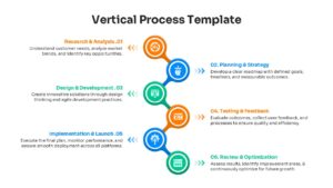 Zig-zag vertical roadmap template with circular icons connecting different project phases