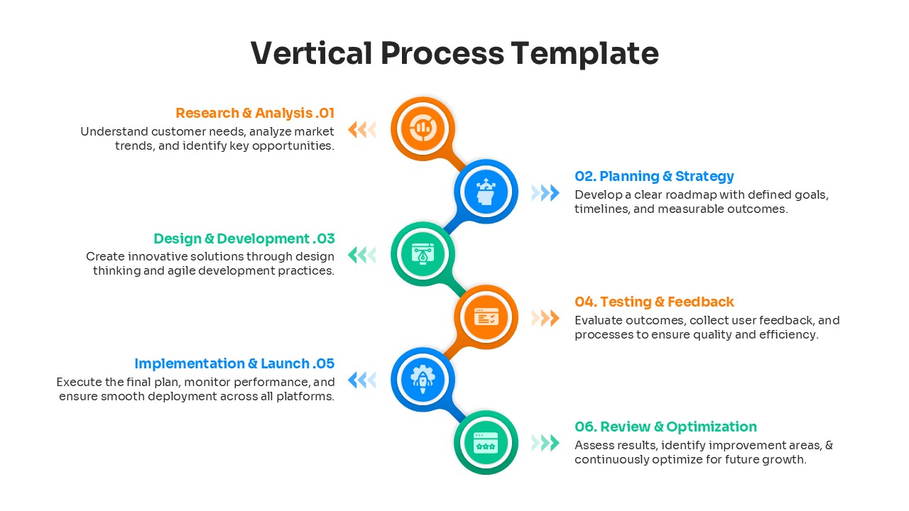Zig-zag vertical roadmap template with circular icons connecting different project phases