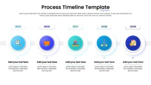 Linear workflow infographic with circular nodes and text placeholders.