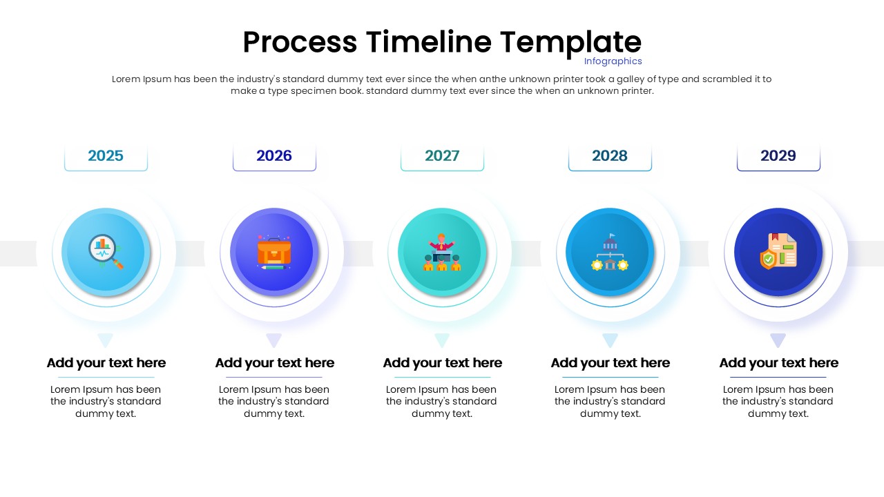 Linear workflow infographic with circular nodes and text placeholders.