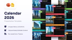 2026 calendar presentation template cover slide displaying thumbnails of monthly layouts with building photos.