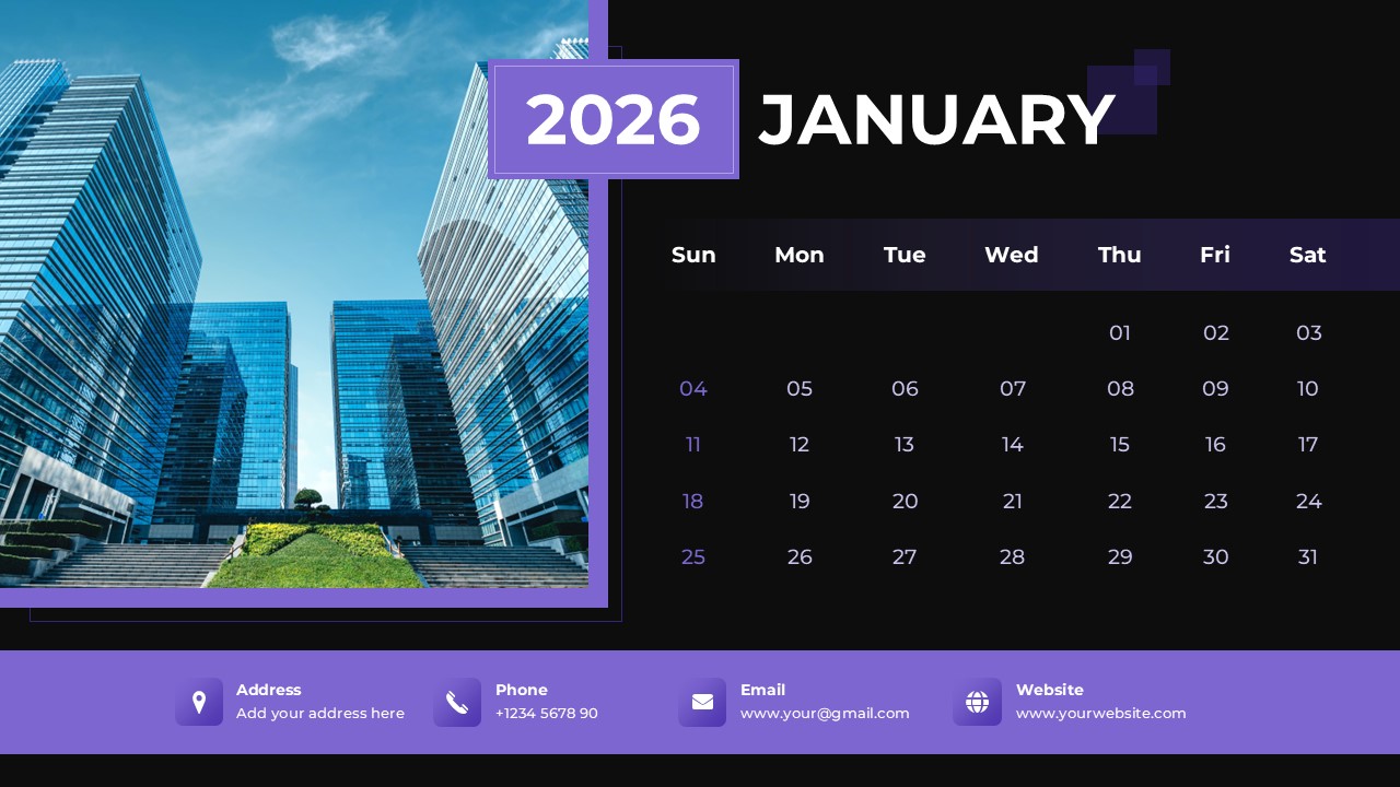 January 2026 calendar slide with a purple header and a modern skyscraper image next to the monthly grid.