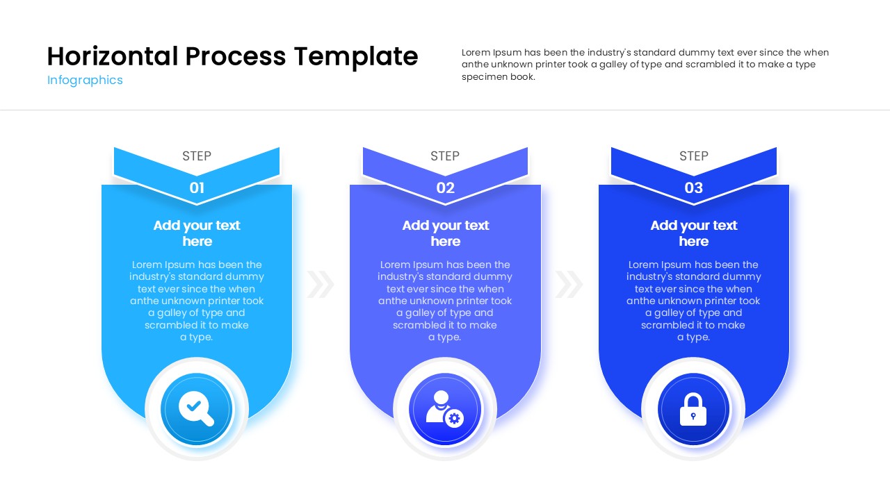 Process infographic slide showing sequential steps with text placeholdersProcess infographic slide showing sequential steps with text placeholders.