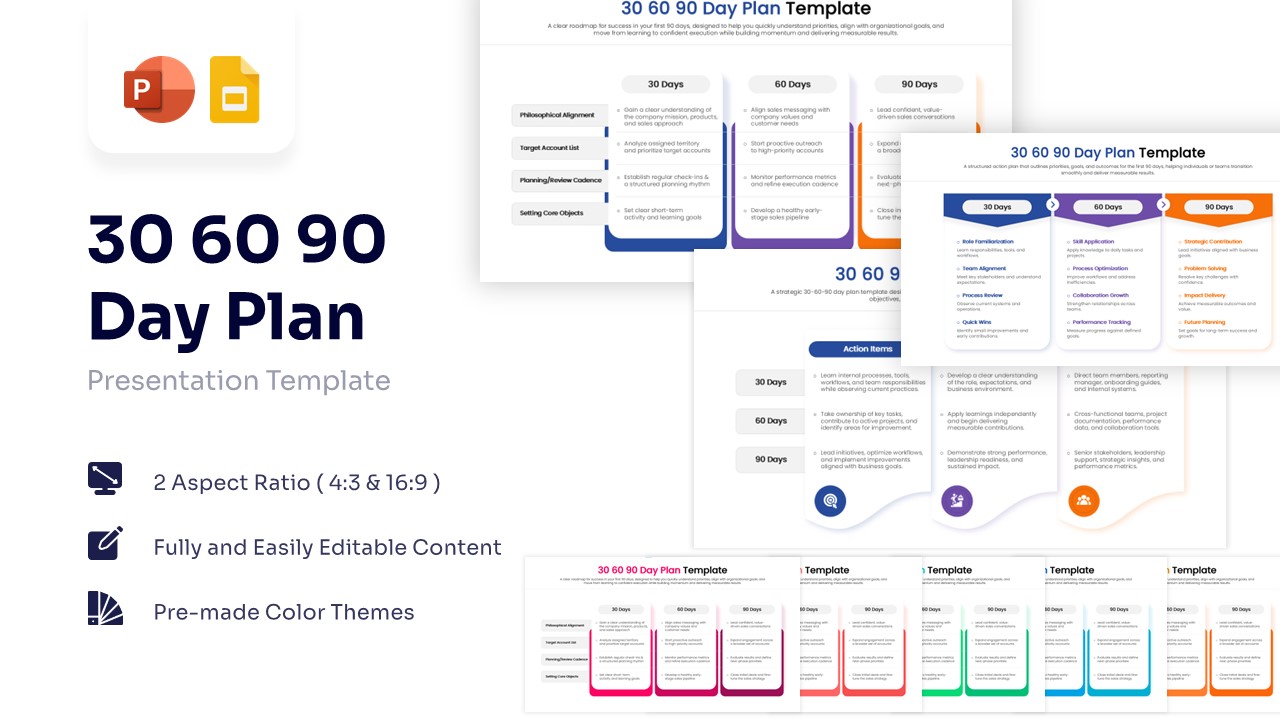 30 60 90 day plan slide with blue, purple, and orange chevron shapes pointing right