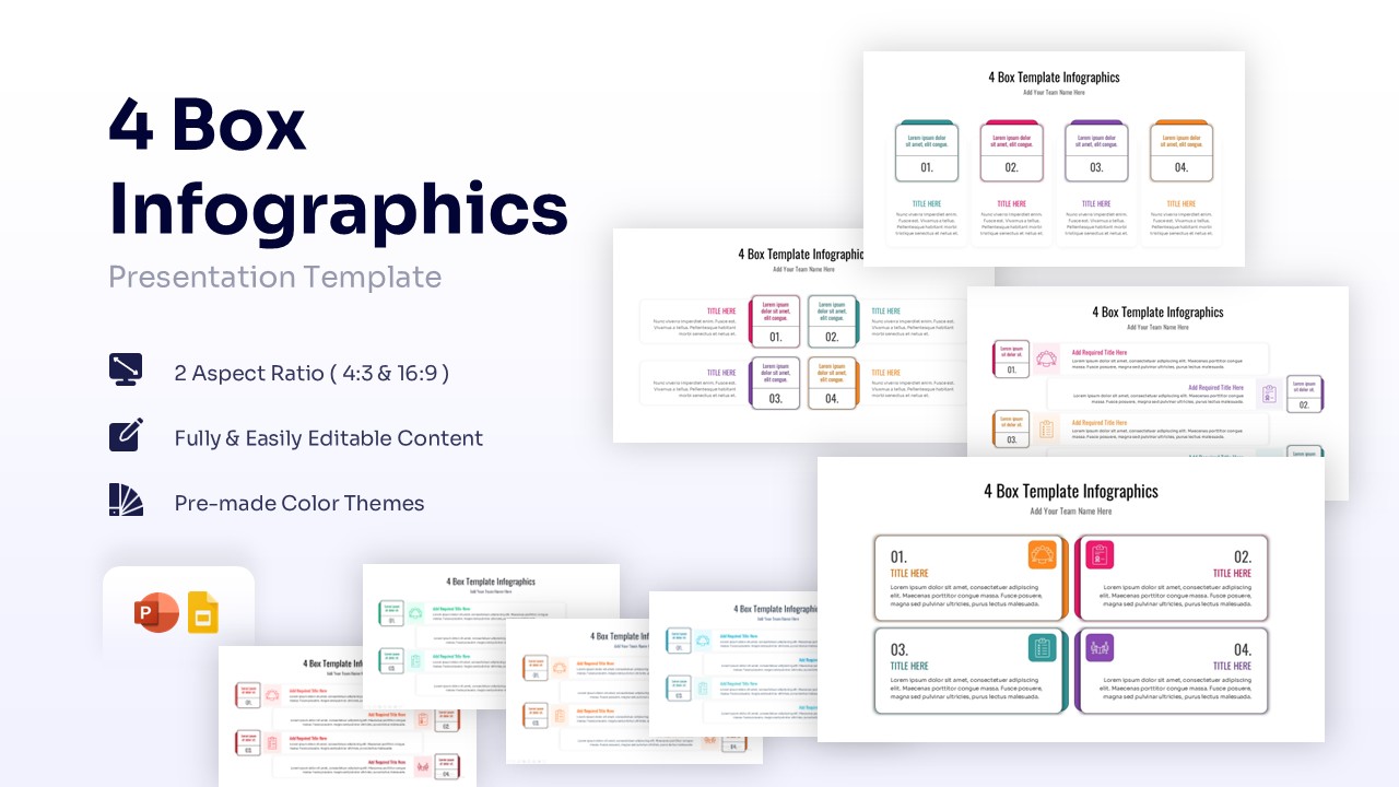 4 box infographics presentation slide with numbered cards in blue purple green and orange