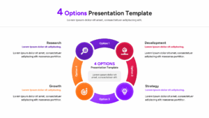 Circular 4-option donut chart infographic with surrounding text boxes and colorful segments