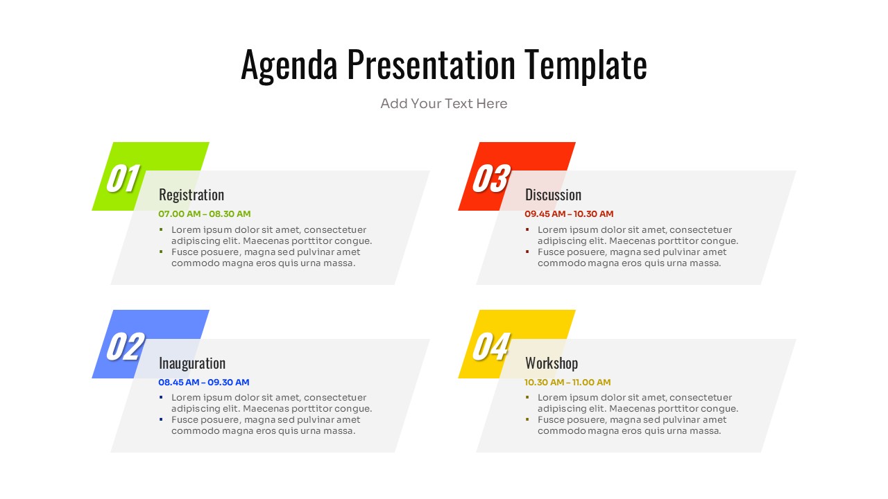 Four-step meeting schedule template arranged in a two-by-two grid with time slots