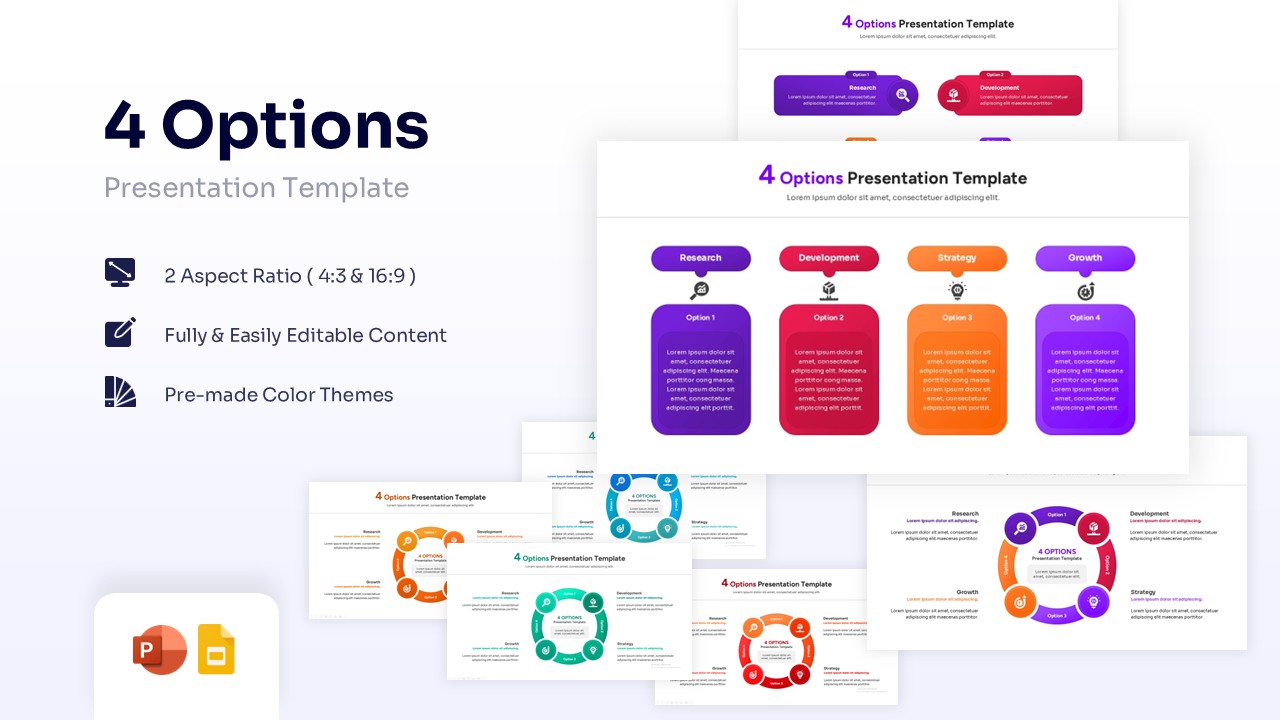 Featured image showing multiple 4 options infographic layouts in purple, orange, and pink colors.