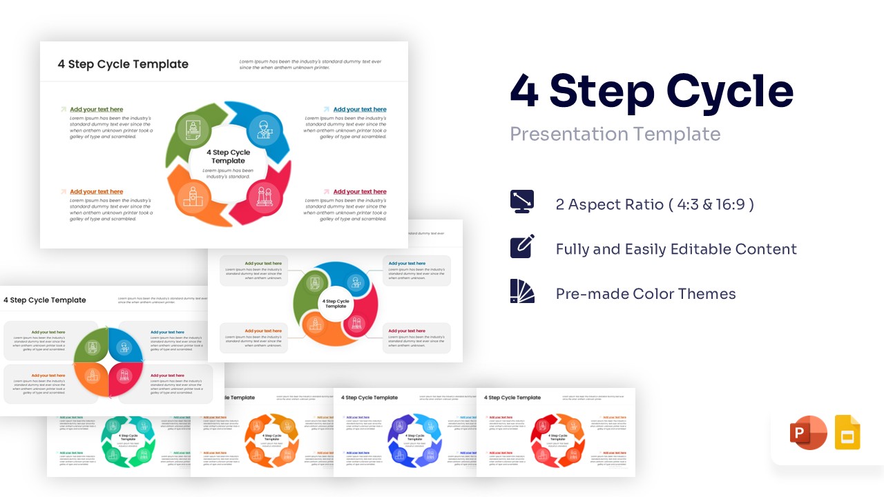 4 step cycle diagram for PowerPoint with multi-colored arrows
