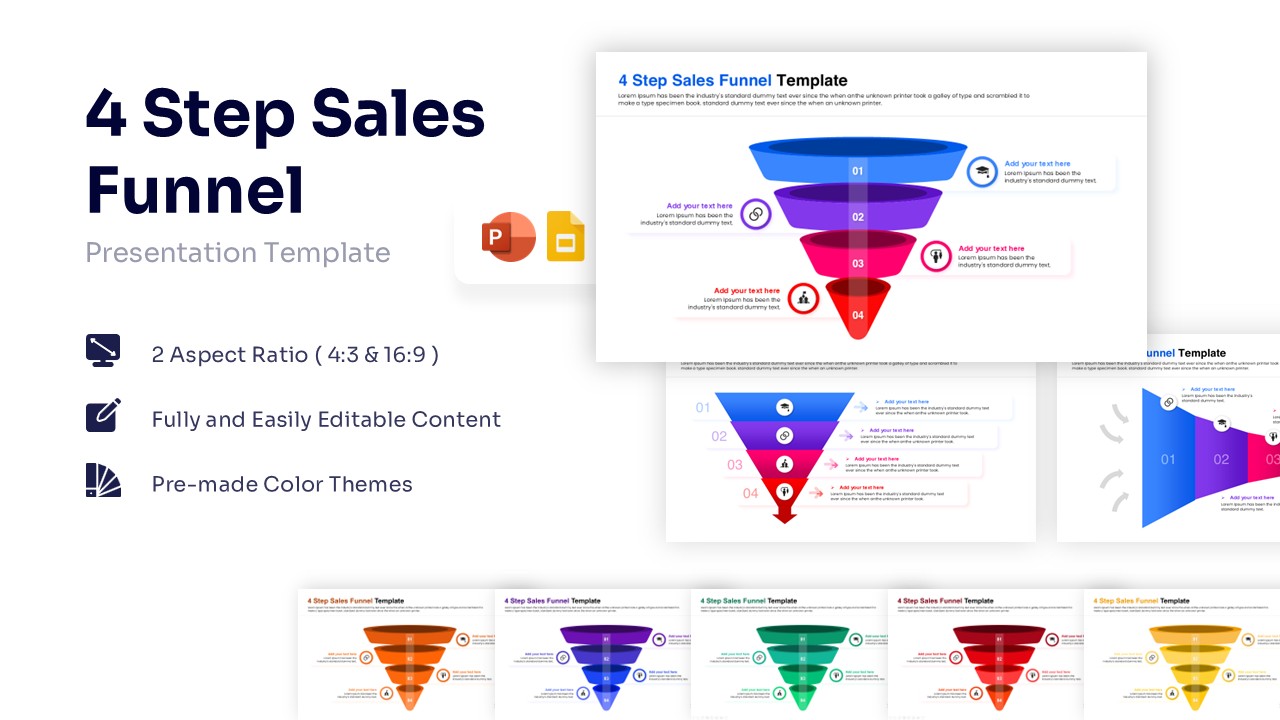 4 Step Sales Funnel Template showing a vertical 3D funnel with four colored layers