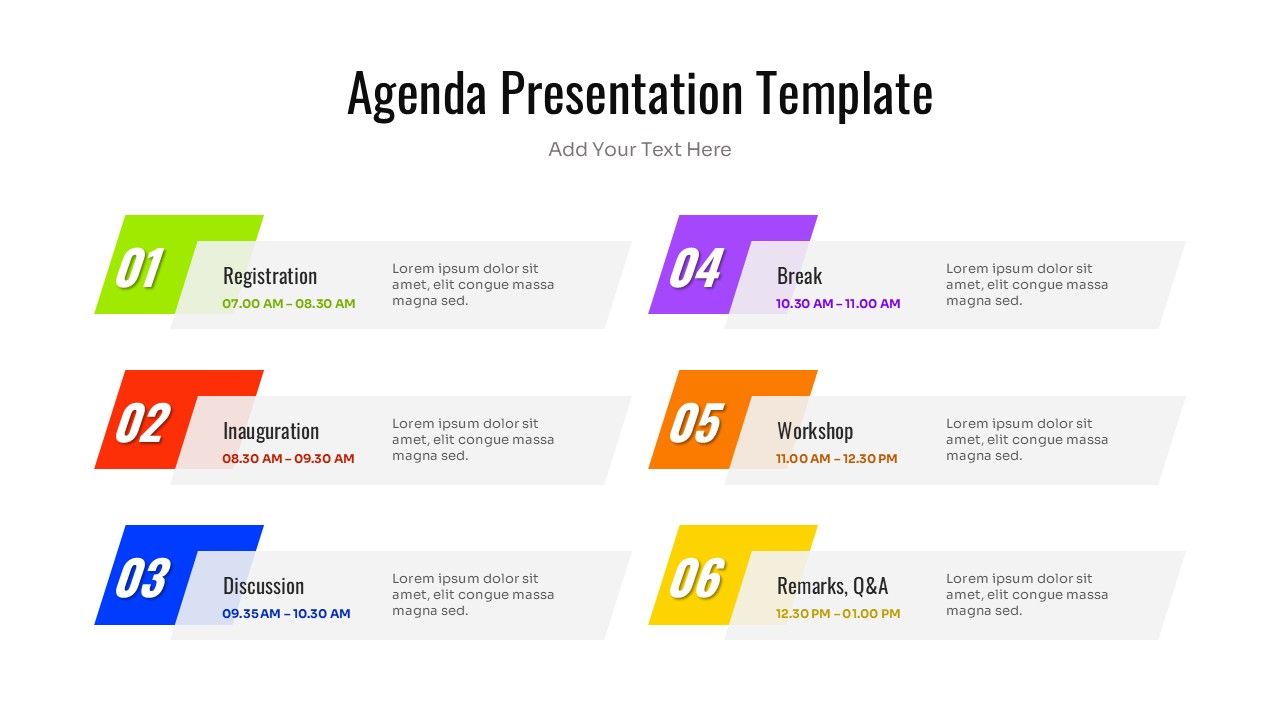 Six-step conference itinerary slide with purple, orange, and yellow geometric shapes