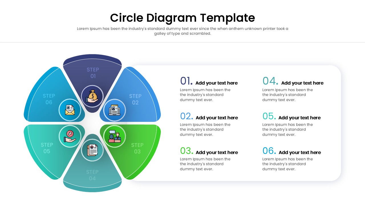 Six part cycle chart for PowerPoint with editable text and icons