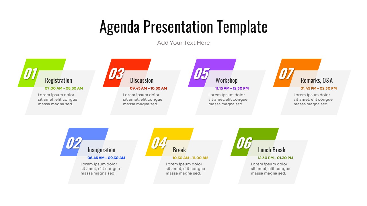 Seven-step agenda slide with staggered green, red, and orange text blocks