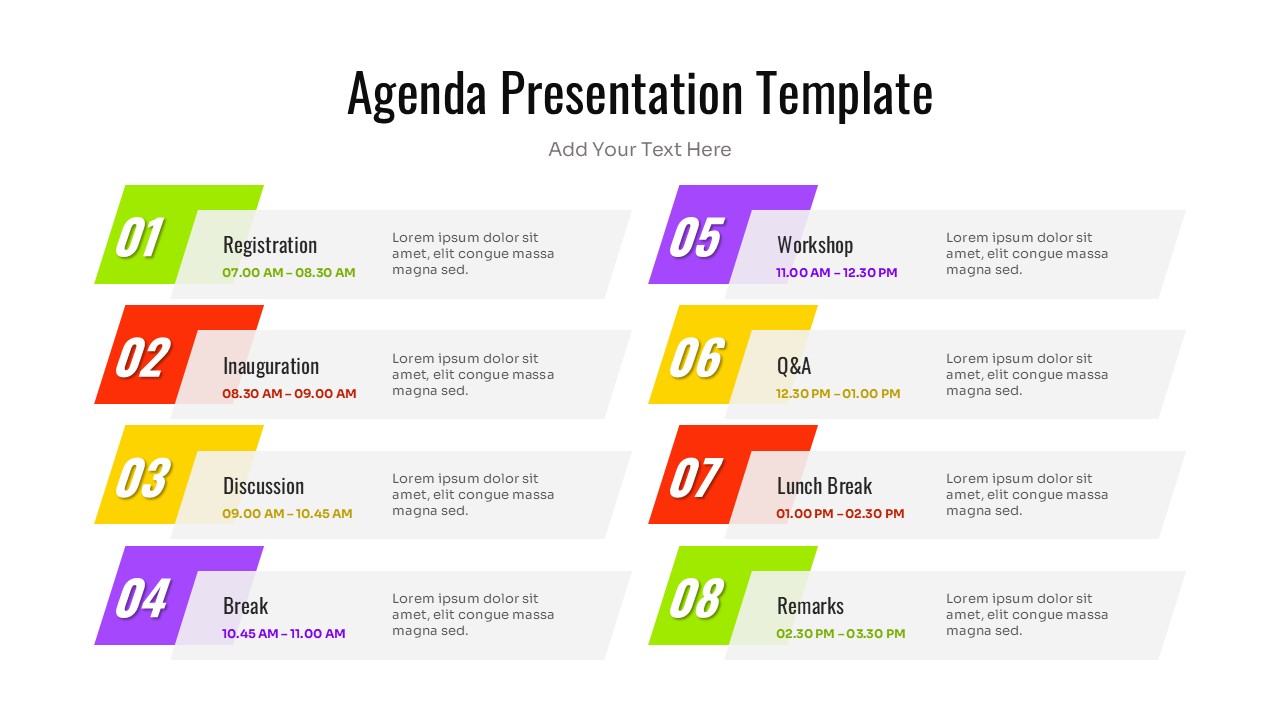 Eight-step detailed workshop schedule with two columns of numbered items