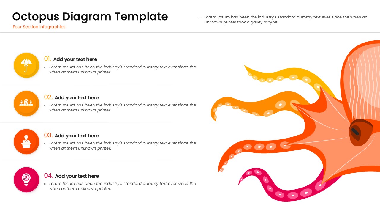 4 step octopus diagram template with tentacles pointing to list-style text boxes on the left