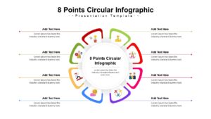 8-step circular infographic diagram with colorful lines connecting icons to a center hub