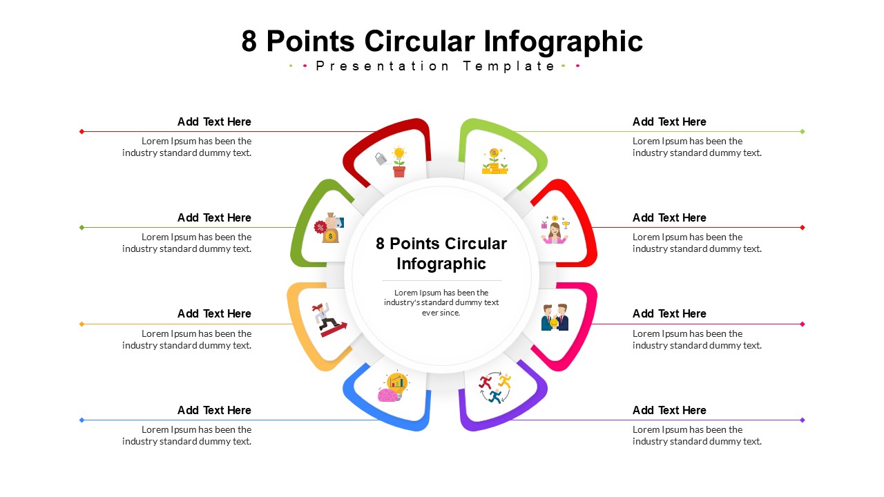 8-step circular infographic diagram with colorful lines connecting icons to a center hub