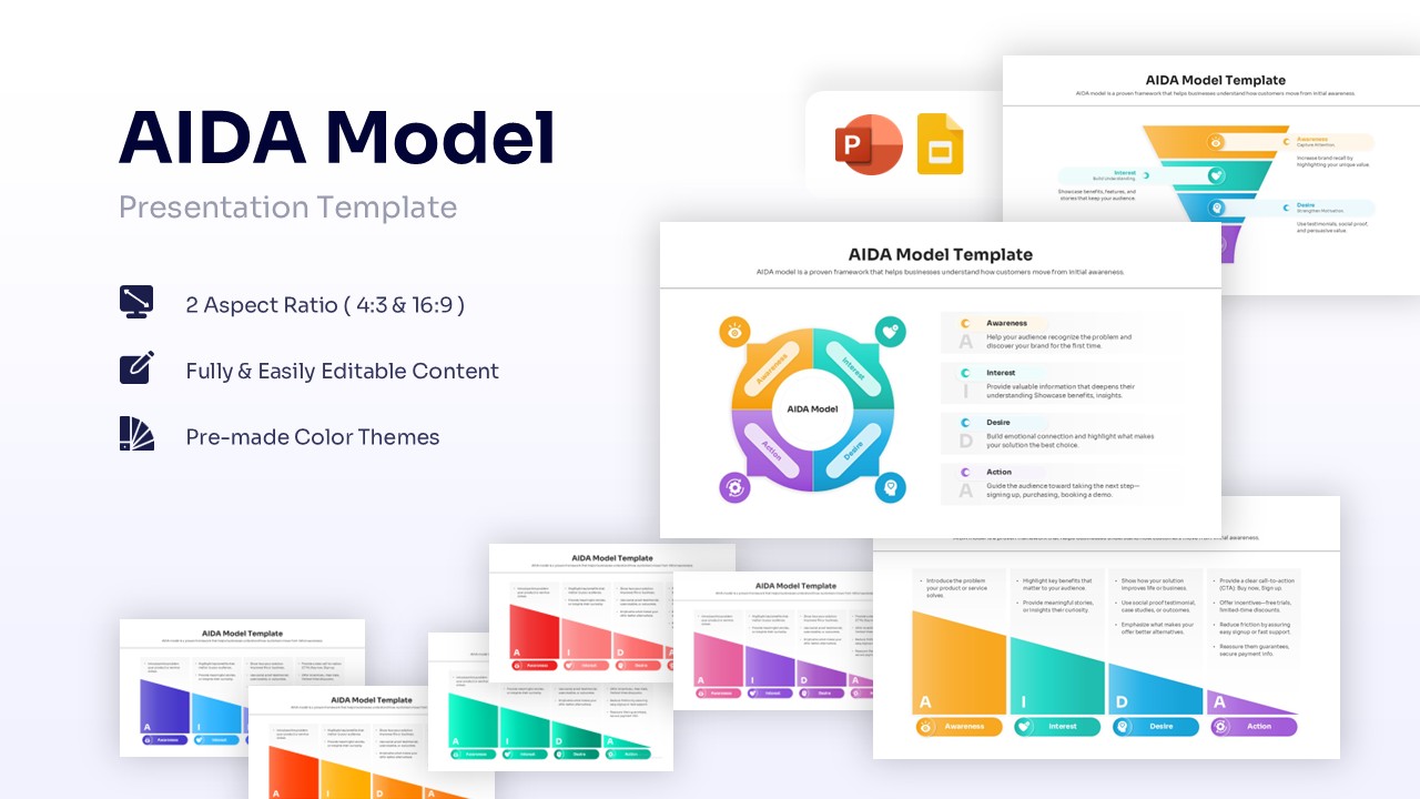 AIDA model marketing funnel template for PowerPoint featuring a 4-step diagram in yellow, teal, blue, and purple