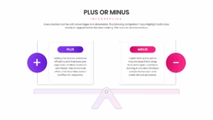 Pros and cons comparison layout featuring a balance scale illustration
