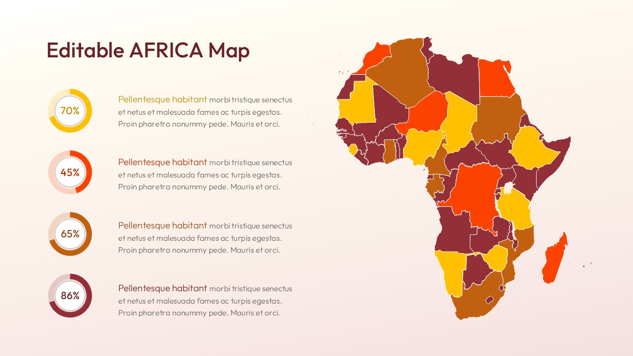 Professional slide featuring a clean silhouette of the African continent with a structured four-point list for business insights.