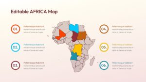 Africa map infographic slide featuring six circular percentage gauges and text boxes for regional data comparison.