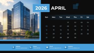 April 2026 business calendar slide in a blue theme showing a tall corporate skyscraper next to the date grid.