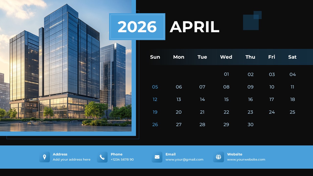 April 2026 business calendar slide in a blue theme showing a tall corporate skyscraper next to the date grid.
