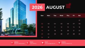 August 2026 presentation slide with a red header and a skyscraper image with greenery at the base