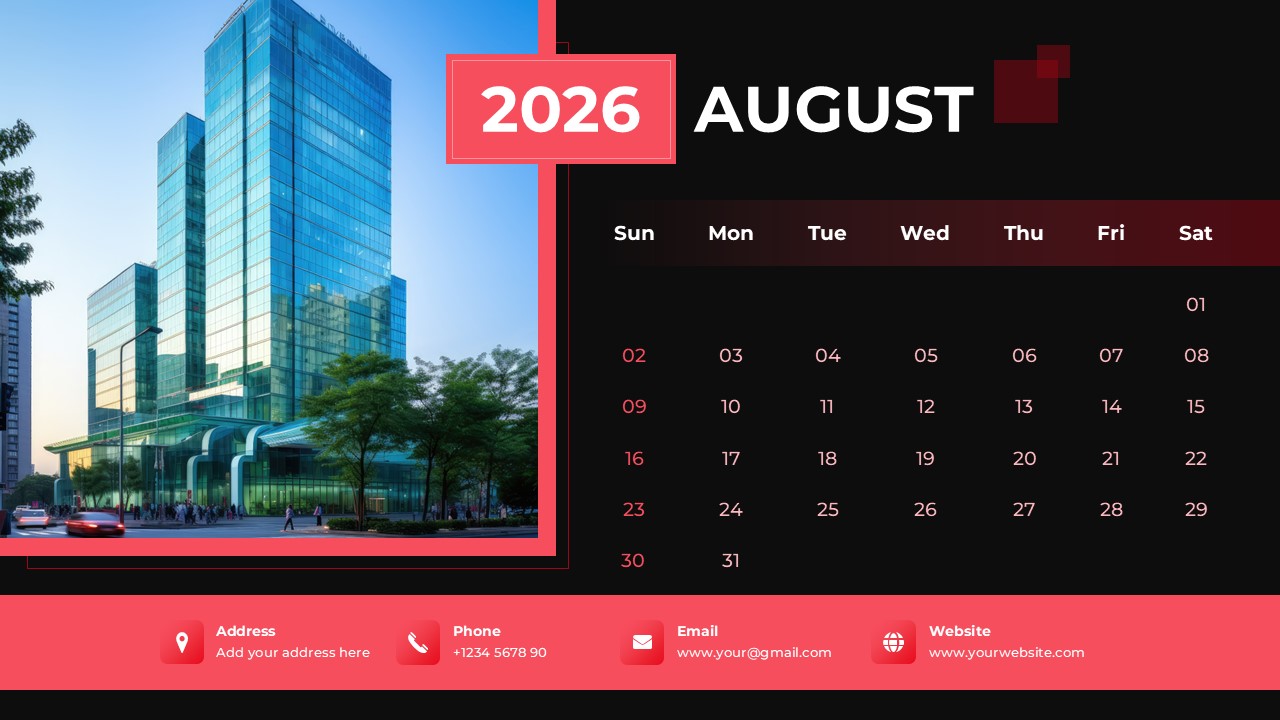 August 2026 presentation slide with a red header and a skyscraper image with greenery at the base