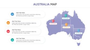 Multi-colored Australia map divided by states with four detailed description boxes and progress bars