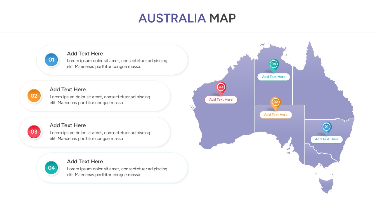 Multi-colored Australia map divided by states with four detailed description boxes and progress bars