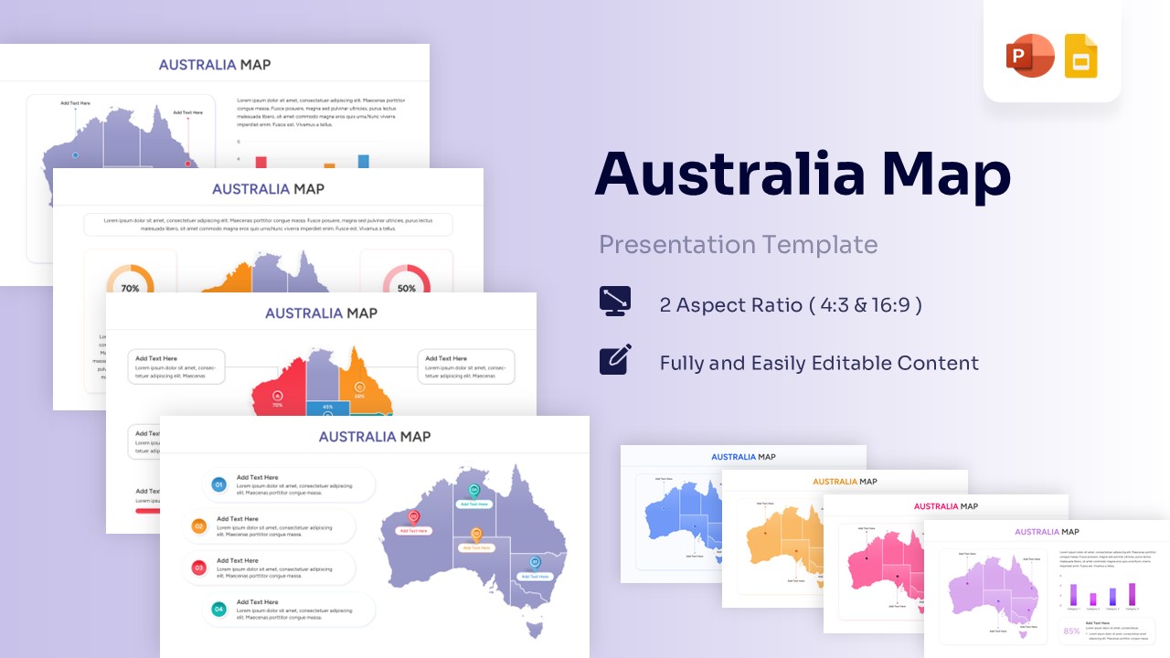 Featured image showing a collection of purple and multi-color Australia map slides with data charts and markers