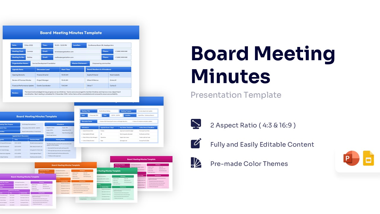 Featured image showing a dashboard layout for Board Meeting Minutes with sections for agenda, attendance, and notes