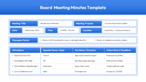 Background slide showing a blue themed meeting record layout with detailed action items and decision sections.