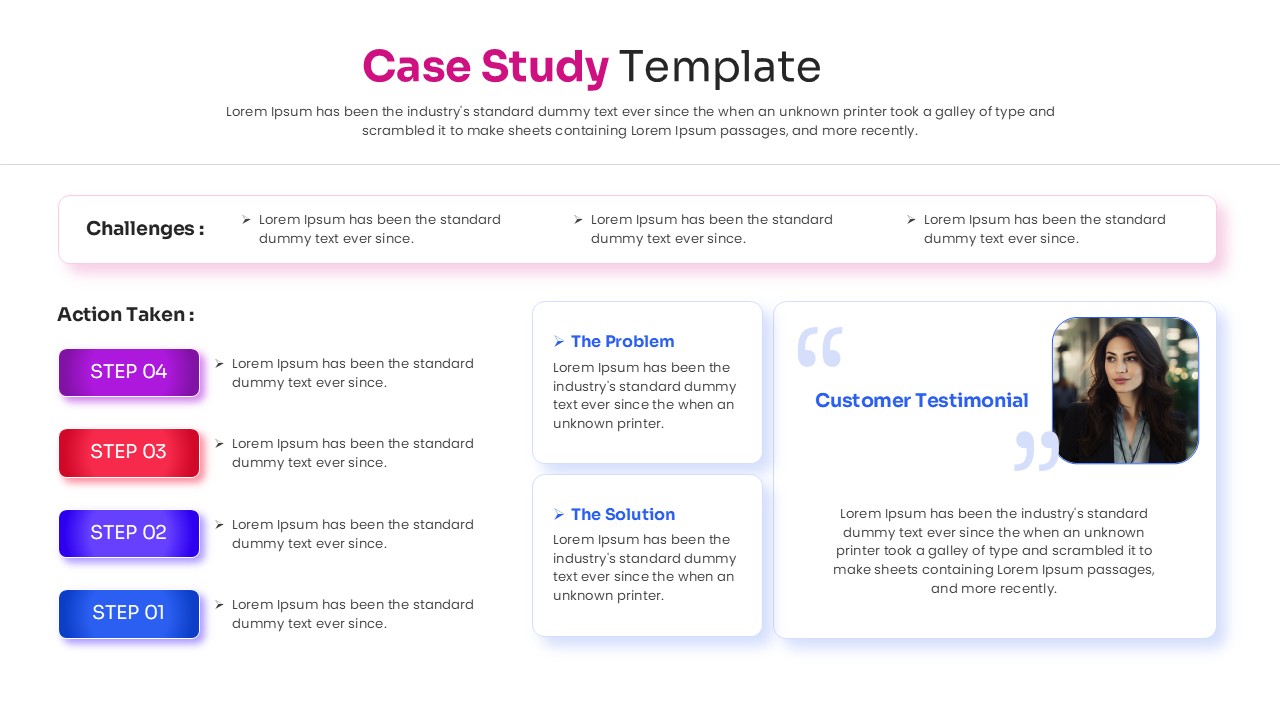Business success story template featuring customer testimonial and action steps