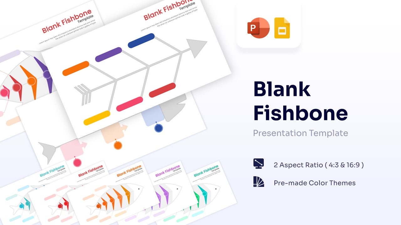 Collection of blank fishbone diagram slides with various creative and linear layouts
