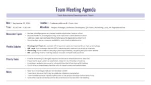 Detailed meeting summary slide with designated boxes for notes, action items, and meeting evaluation