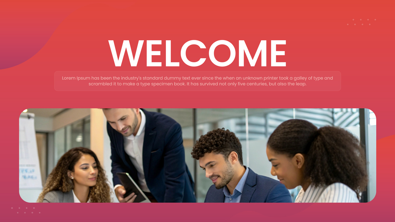 Business introduction slide with a curved red abstract shape and space for a team photograph