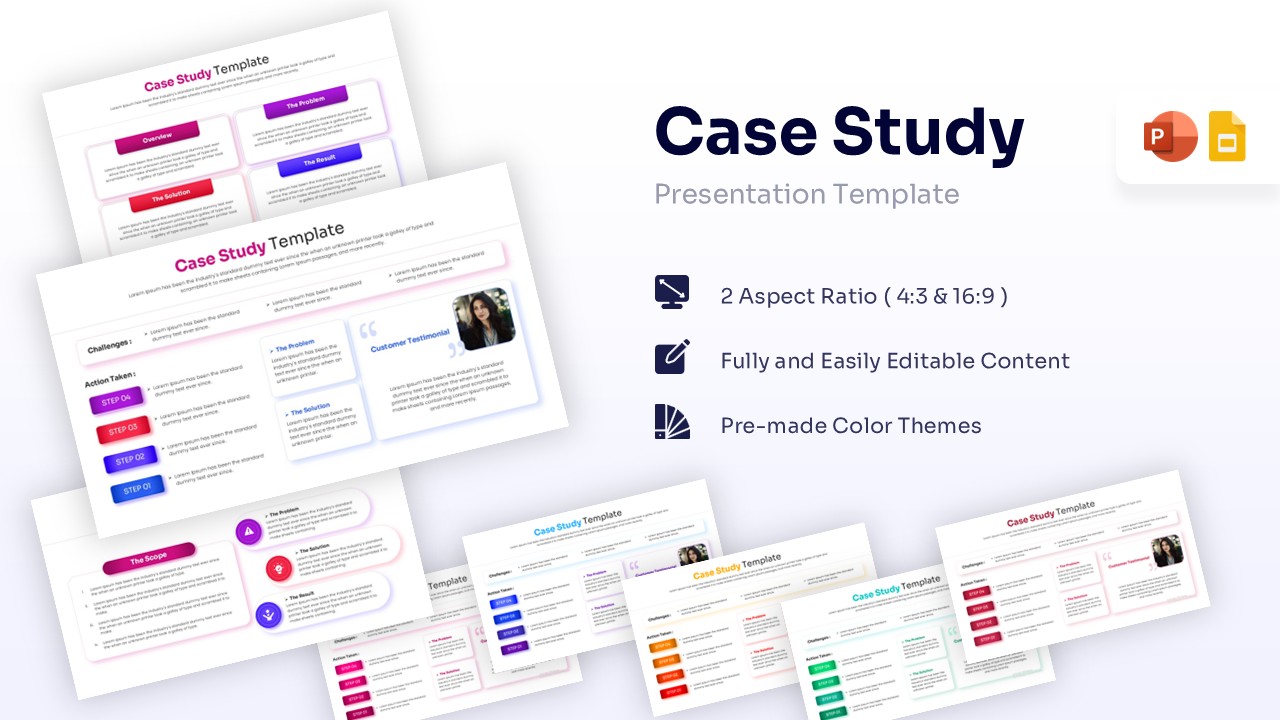 Case study presentation slide with problem solution and result sections