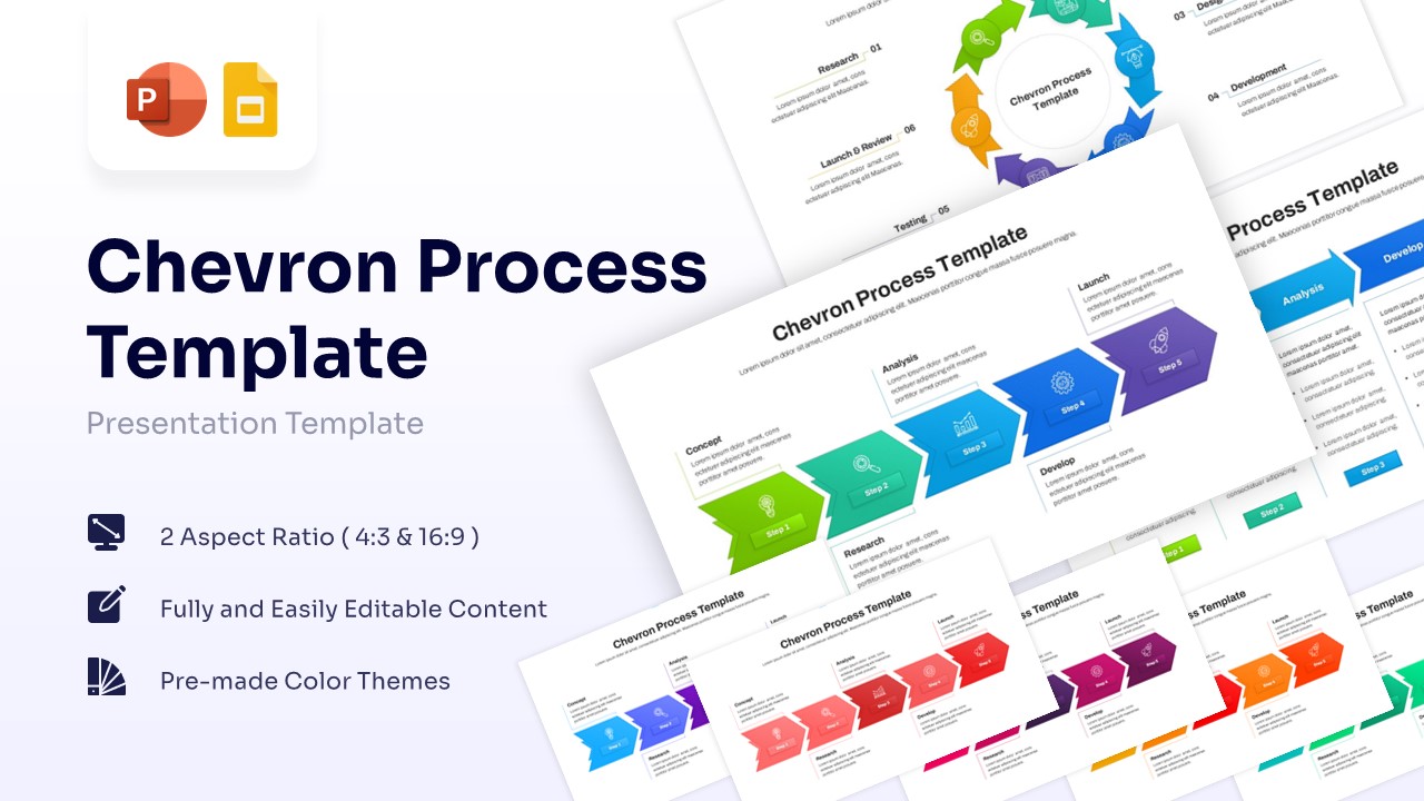 Multi-step chevron process template for PowerPoint featuring five colorful arrows in a linear flow.