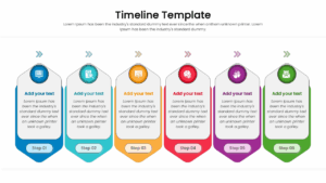A six-step timeline featuring hexagonal-topped white cards with vibrant color-coded bases and icons