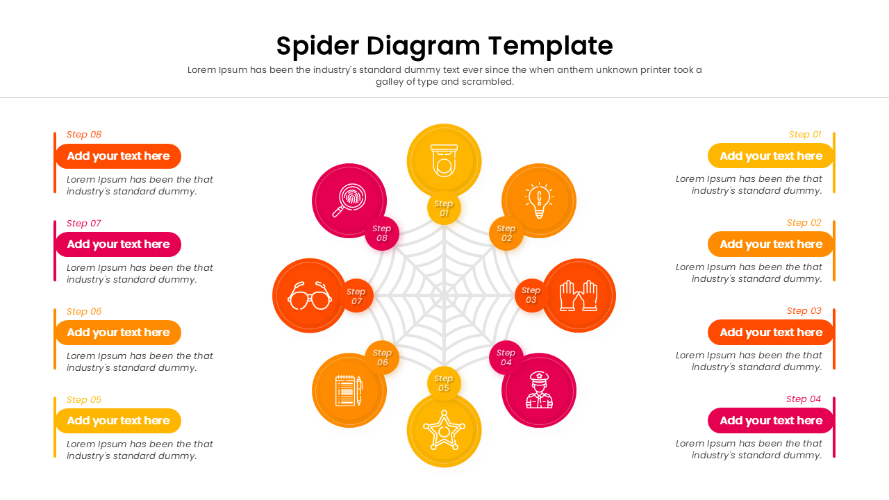 8-step spider web diagram with central nodes and surrounding icons for business process mapping and strategic brainstorming