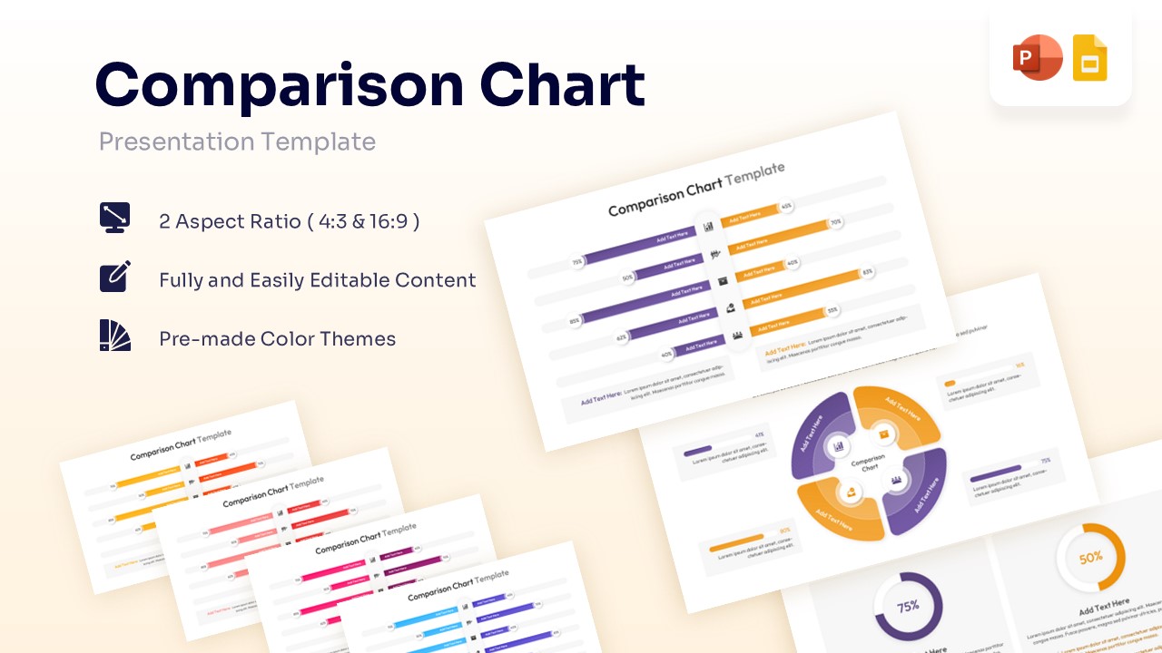 Comparison chart presentation template featuring butterfly bar graphs and circular data diagrams