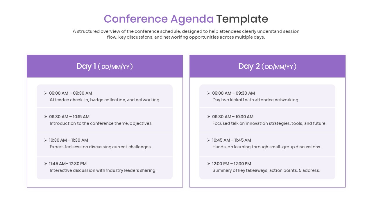 Vertical timeline slide showing a two-day conference schedule with bullet points for session descriptions