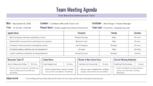 Project meeting agenda slide featuring a sidebar for attendees and a main section for detailed agenda items