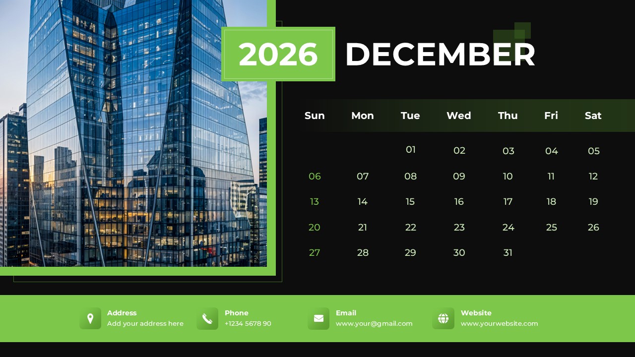 December 2026 calendar slide with a green color theme and a cityscape image next to the monthly dates.