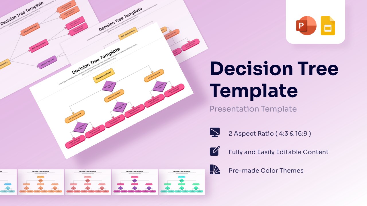 Colorful decision tree diagram for PowerPoint with hierarchical branching nodes