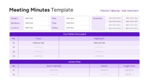 Detailed meeting record slide with attendee list and action items