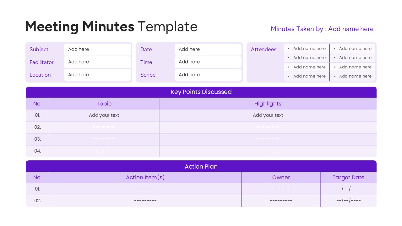 Detailed meeting record slide with attendee list and action items